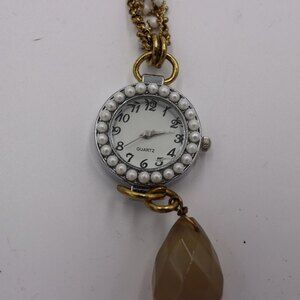 Anthropologie Bronze Tone & Pearl Accent Watch Necklace